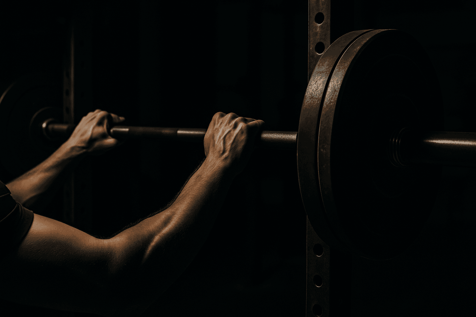 Barbell on a weight rack in a dark gym