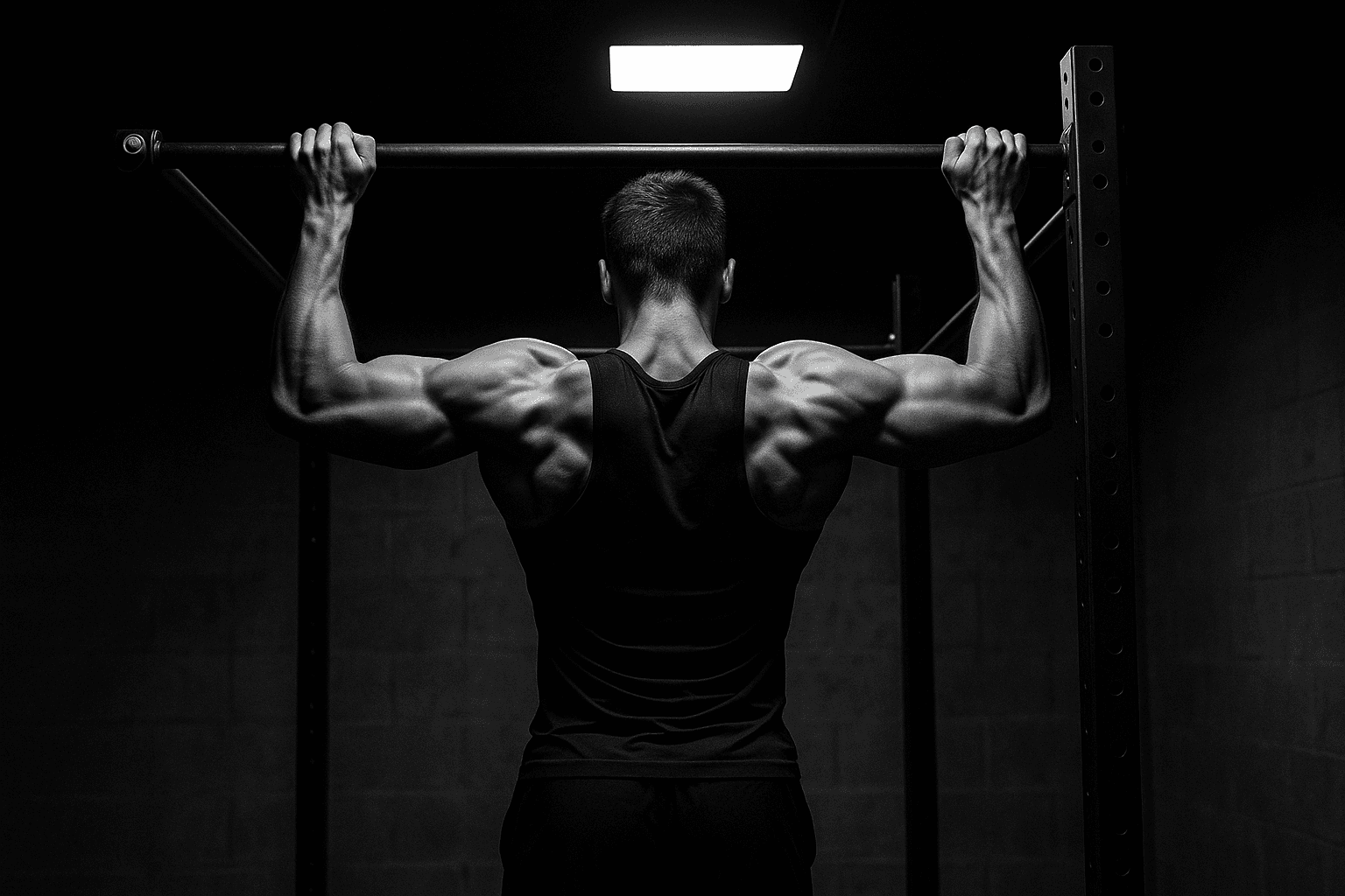 Athletic person doing pull-ups with visible back muscle definition
